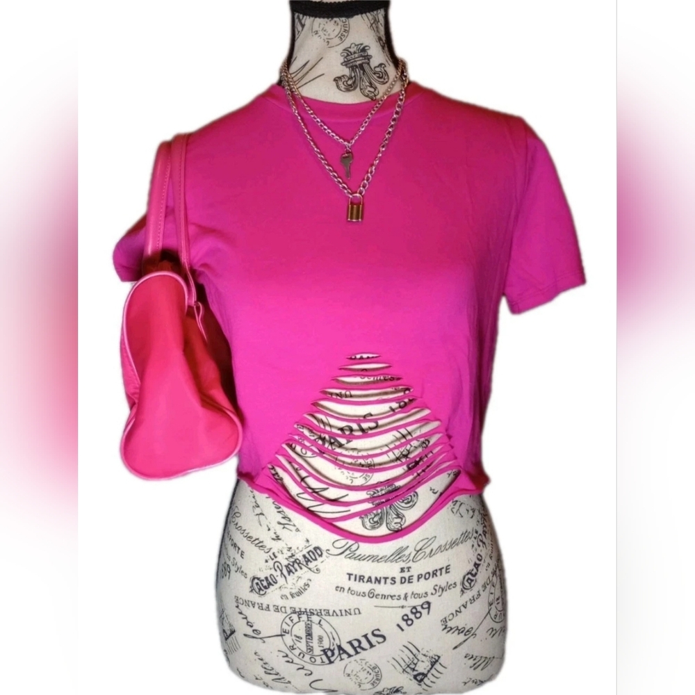 Love J Hot Pink Shredded Y2K Crop Top NWOT